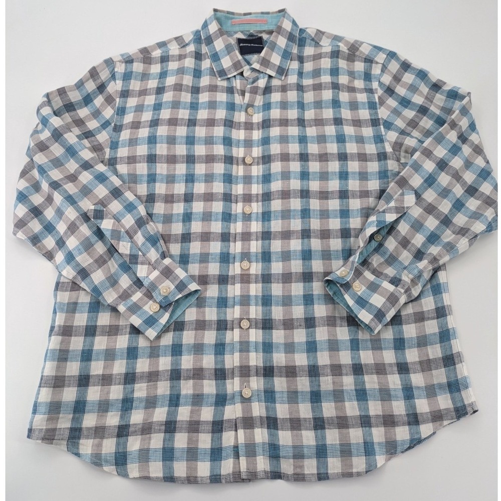 Tommy Bahama Men's Large Shirt Blue Gray Plaid Check‎ 100% Linen Long Sleeve